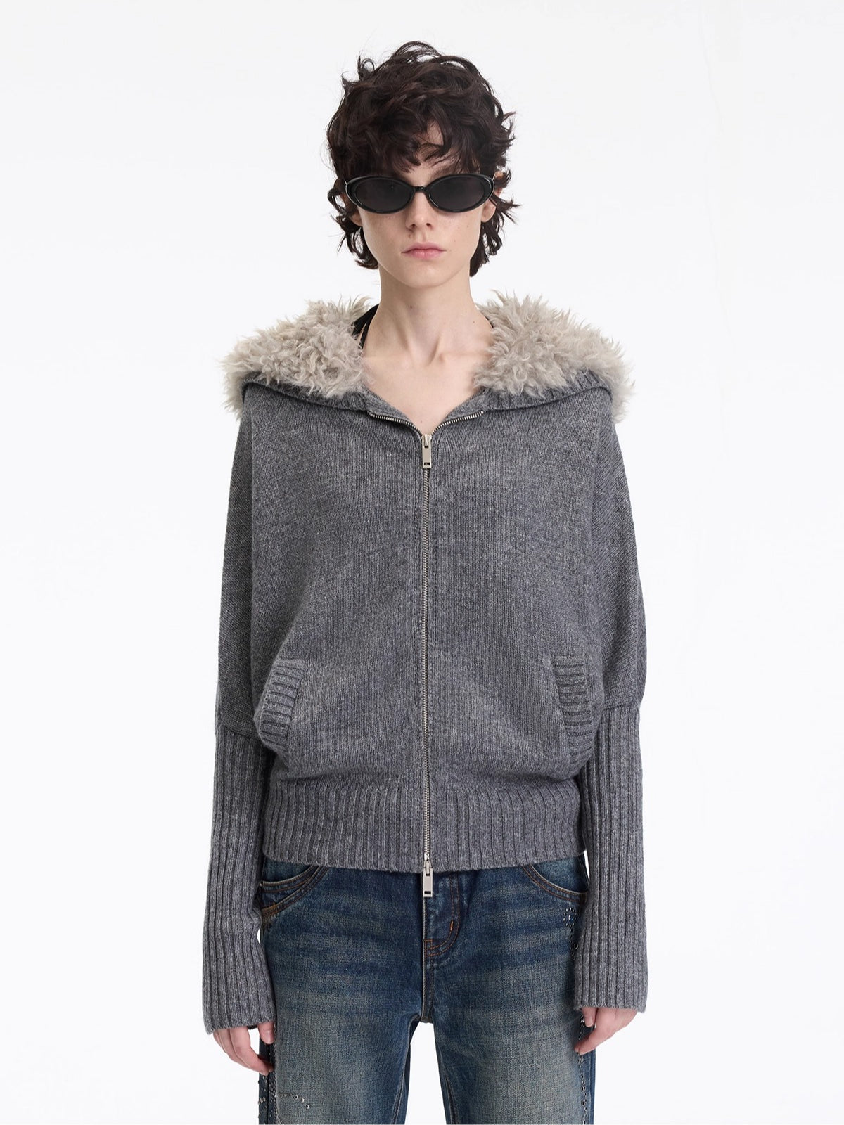 Wool-Blend Hooded Faux Fur Collar Knit Jacket