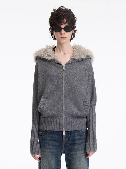 Wool-Blend Hooded Faux Fur Collar Knit Jacket
