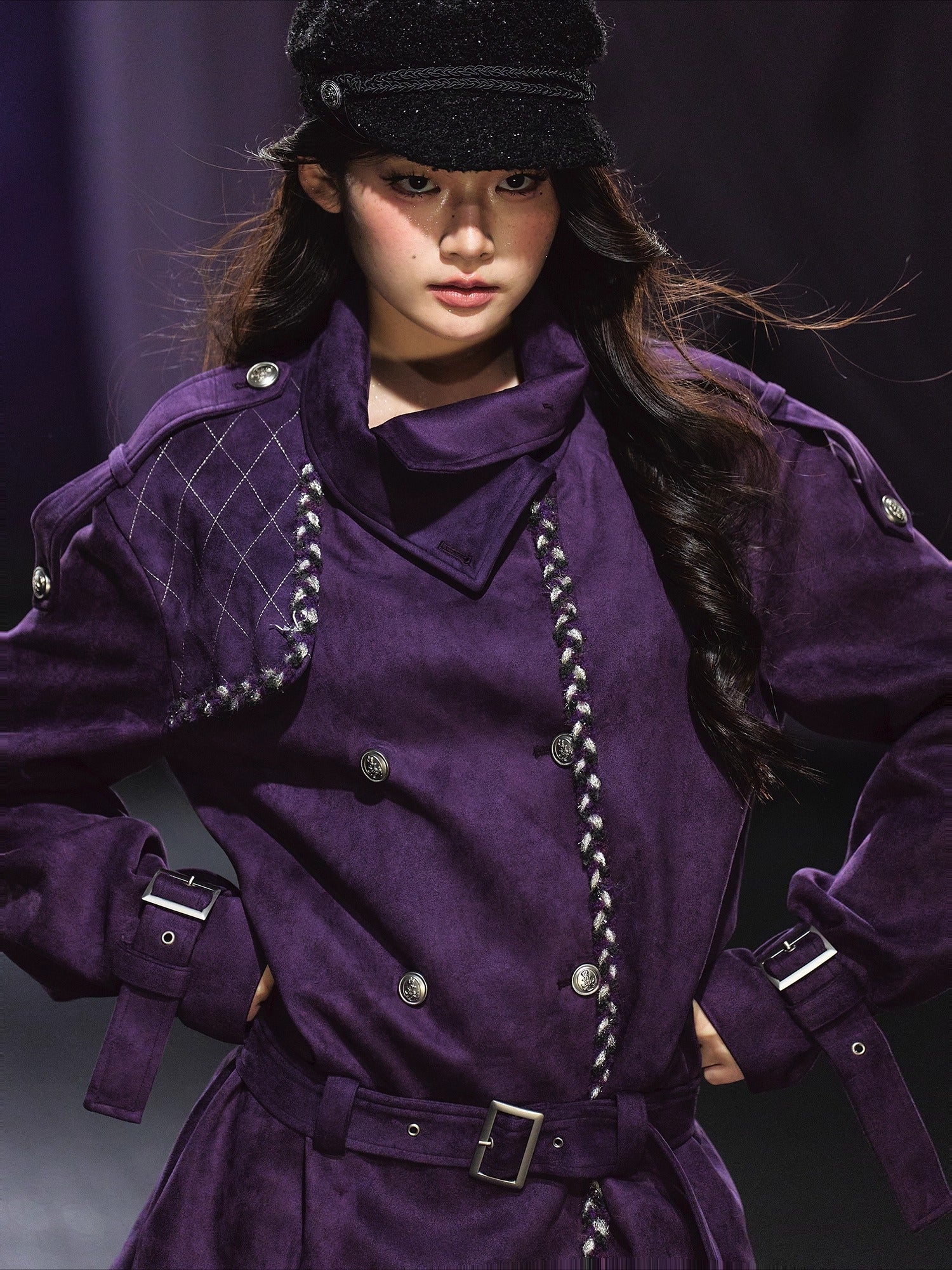 Purple Suede Stand-Collar Trench Jacket