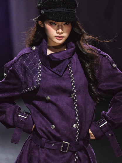 Purple Suede Stand-Collar Trench Jacket