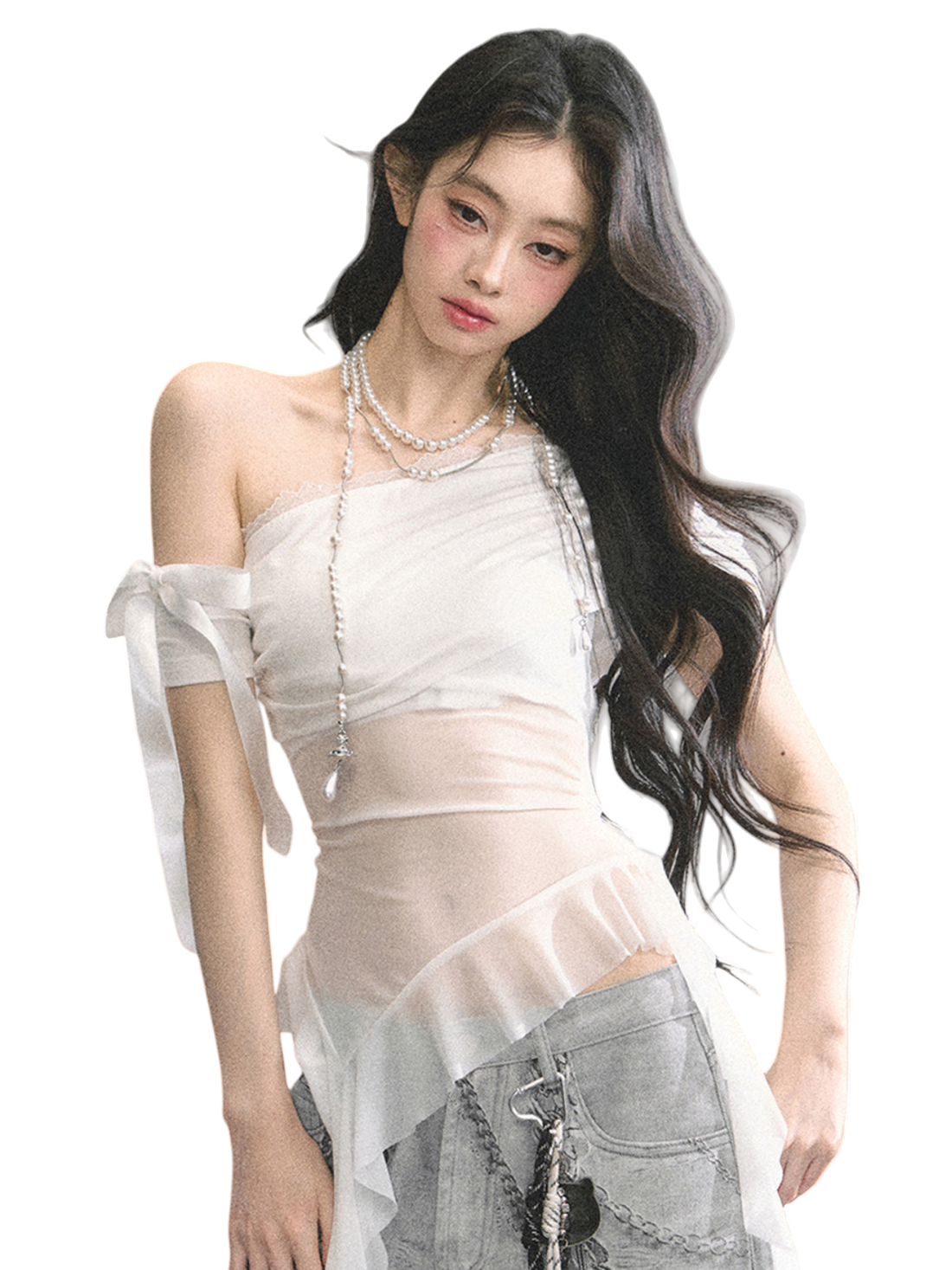 Off-Shoulder Mesh Short-Sleeve T-Shirt
