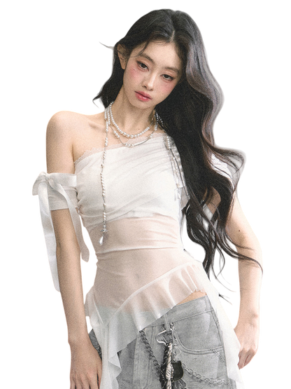 Off-Shoulder Mesh Short-Sleeve T-Shirt