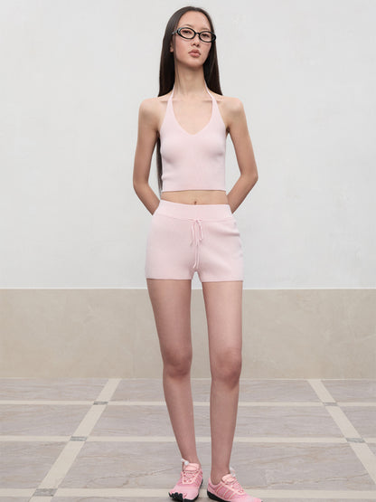 Spun Drawstring Mid-Rise Knit Shorts