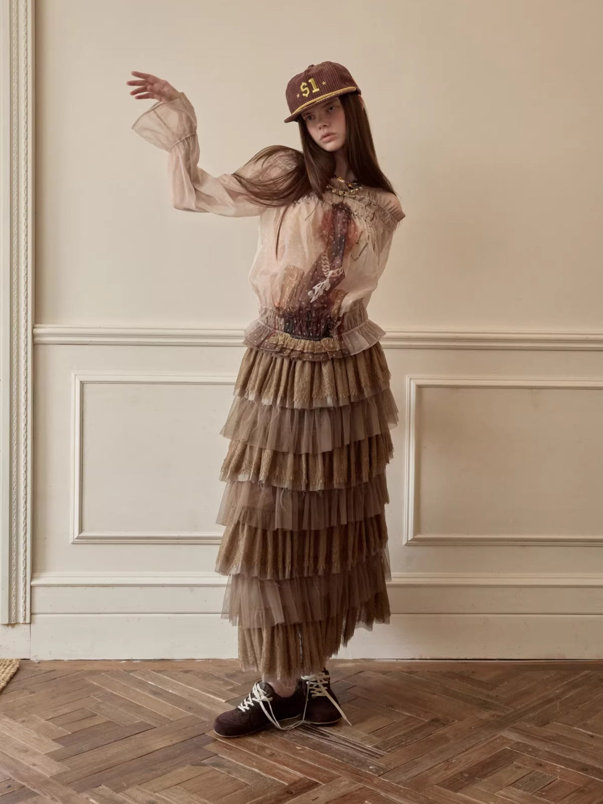 French Lace Layered Tulle Midi Skirt