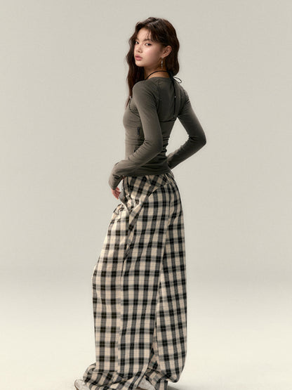 Wrinkle Straight-Leg Plaid Casual Pants