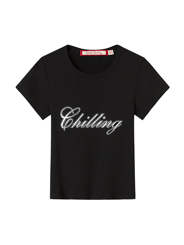 Printed Rhinestone Slim Fit Cropped T-shirt