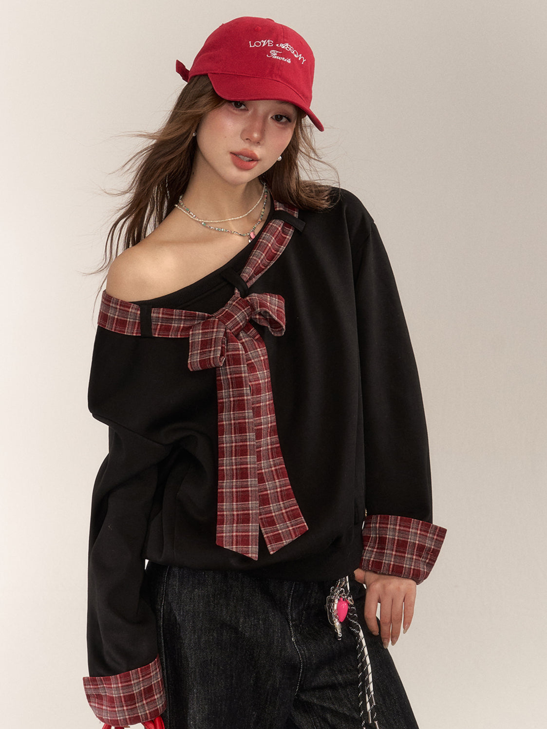 Plaid Patchwork Bow Sweatshirt