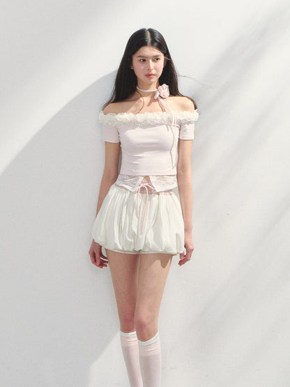 Off-Shoulder Irregular 3D Floral T-Shirt