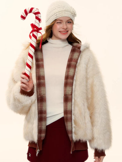 Reversible Plaid Teddy Fur Jacket