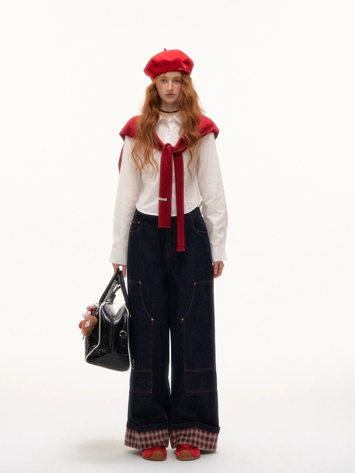 Plaid Cuff Wide-Leg Jeans