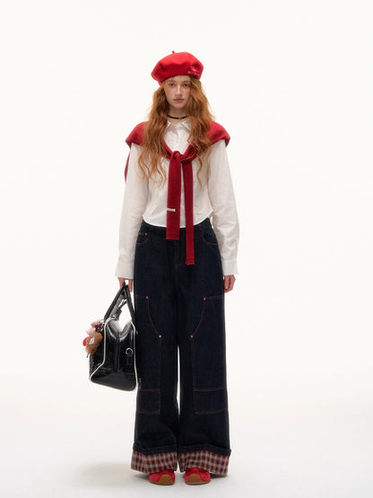 Plaid Cuff Wide-Leg Jeans