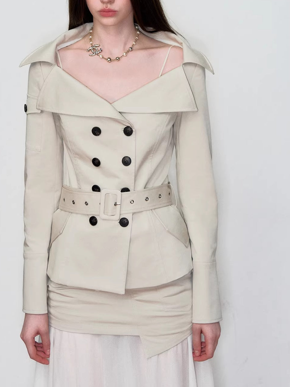 Off-Shoulder Belted Double-Breasted Blazer