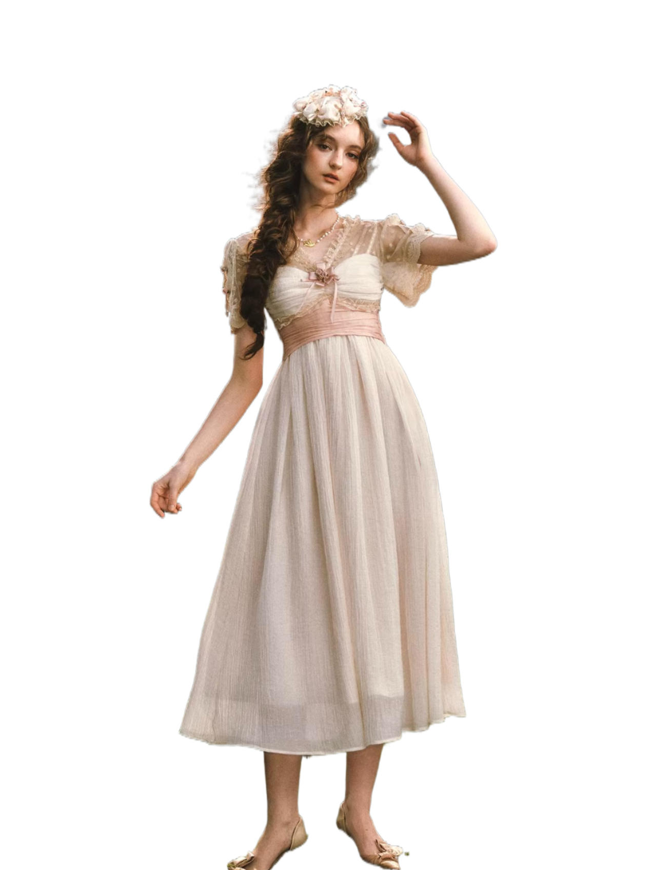 Empire Reverie Textured V-Neck Dress Beige / L