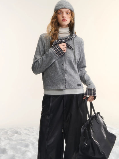 Wool-Blend Plaid Patchwork Knit Cardigan