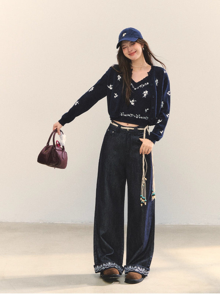 Navy Blue Floral Embroidery Knitted Cardigan