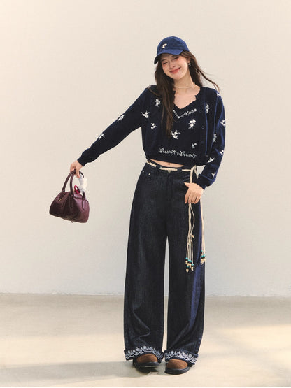 Navy Blue Floral Embroidery Knitted Cardigan