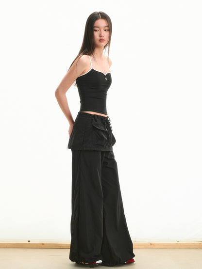 Faux Two-Piece Low-Waist Loose Drawstring Pants