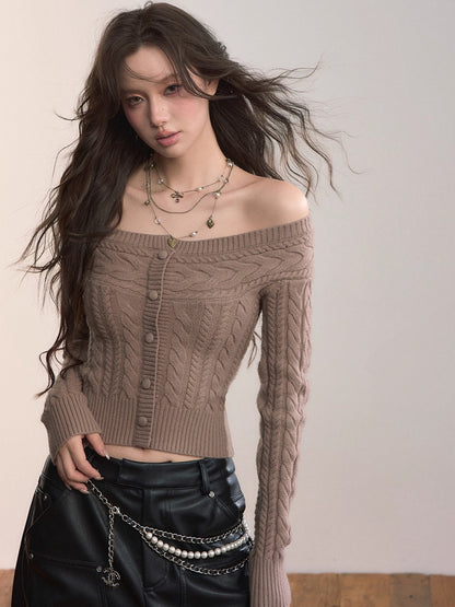 Off-Shoulder Cable Knit Cardigan