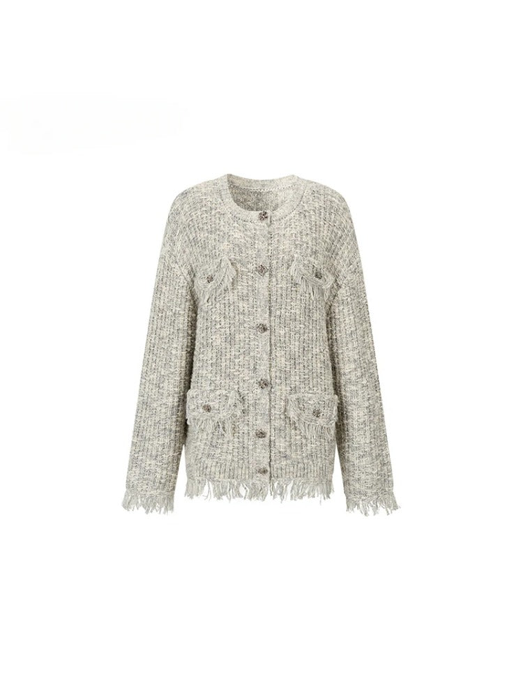 Frayed Edges Wool Mid-Length Knit Cardigan