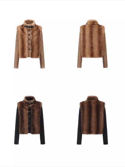 Detachable Sleeve Knit Eco-Fur Jacket