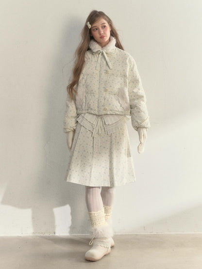 Floral Corduroy Puffer Jacket &amp; Pleated Skirt Set