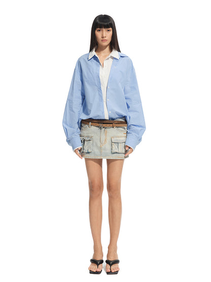 Wrinkle-Resistant Striped Fake Two-Piece Silhouette Collared Shirt - CHINASQUAD