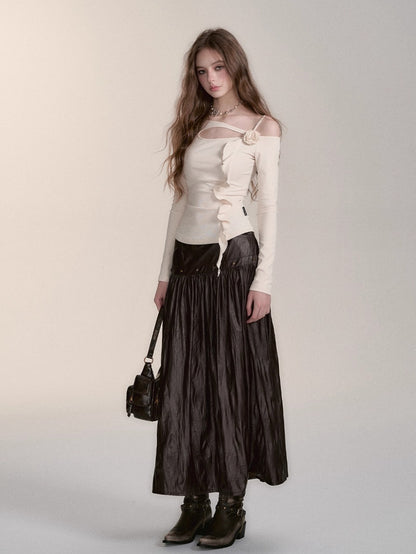 Dark Coffee PU Midi Skirt