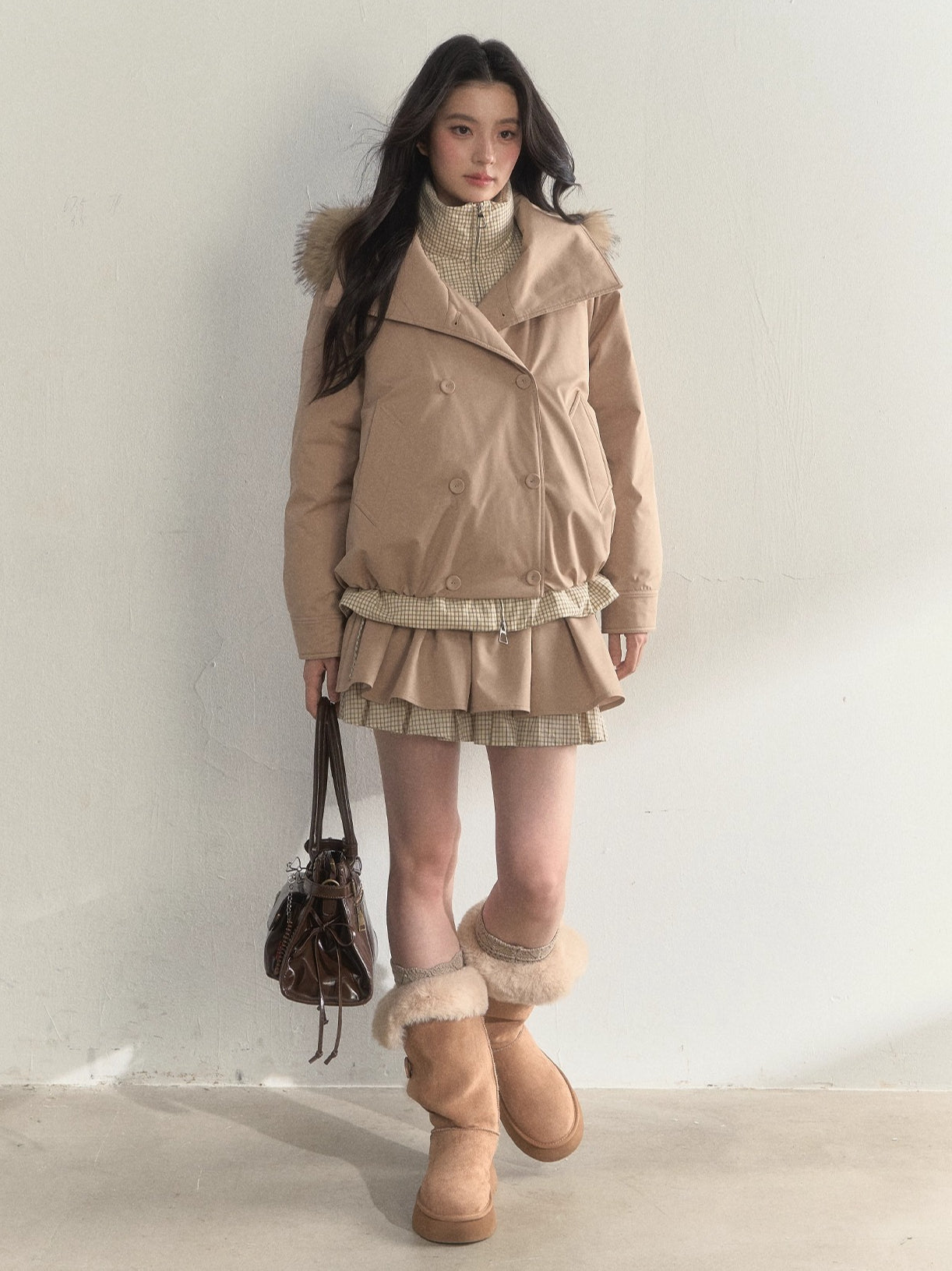 Khaki &amp; Pink Double-Breasted Layered Down Jacket