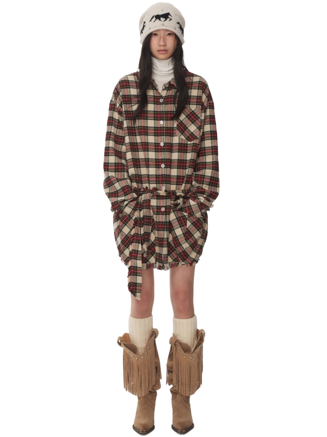 Vintage Red Plaid Frayed-Edge Utility Shirt Dress