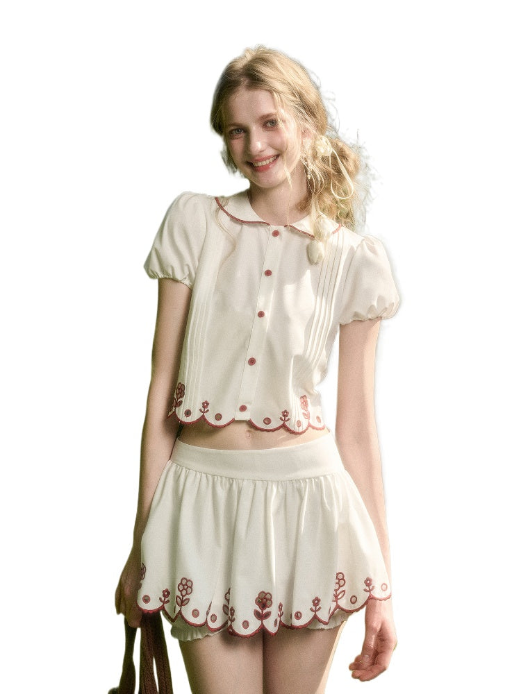 Lace Embroidery Airy Shirt &amp; Skirt Set