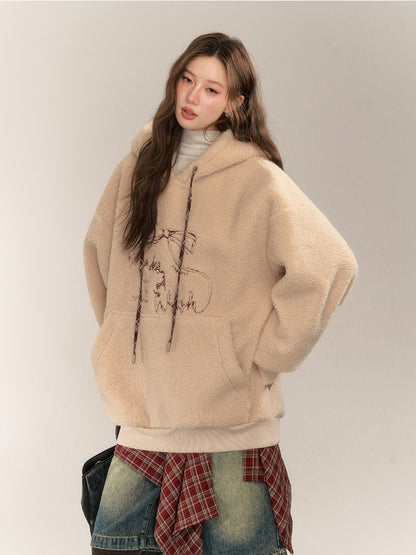 Color Block Bow Embroidery Lamb Wool Hoodie