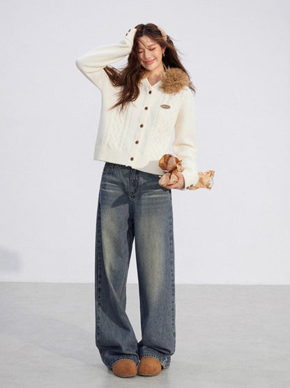 Detachable-Fur Cable-Knit Hoodie