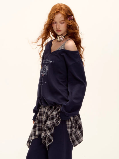 Asymmetric Shoulder Striped Fleece Tracksuit Set