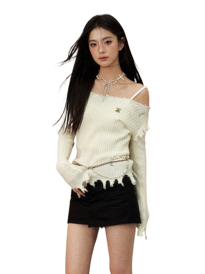 Khaki &amp; Off-white Frayed Edge Sweater