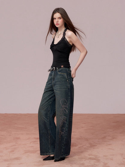 Embellished Rhinestone Vintage Wide-Leg Jeans