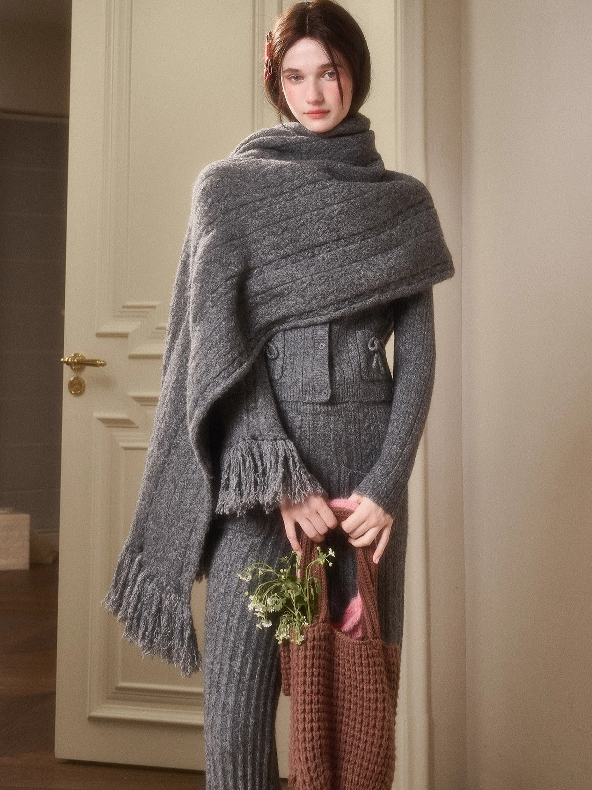 Velvet Bunny Wool Cloud Off-Shoulder Knit Cardigan &amp; Wide-Leg Pants Set