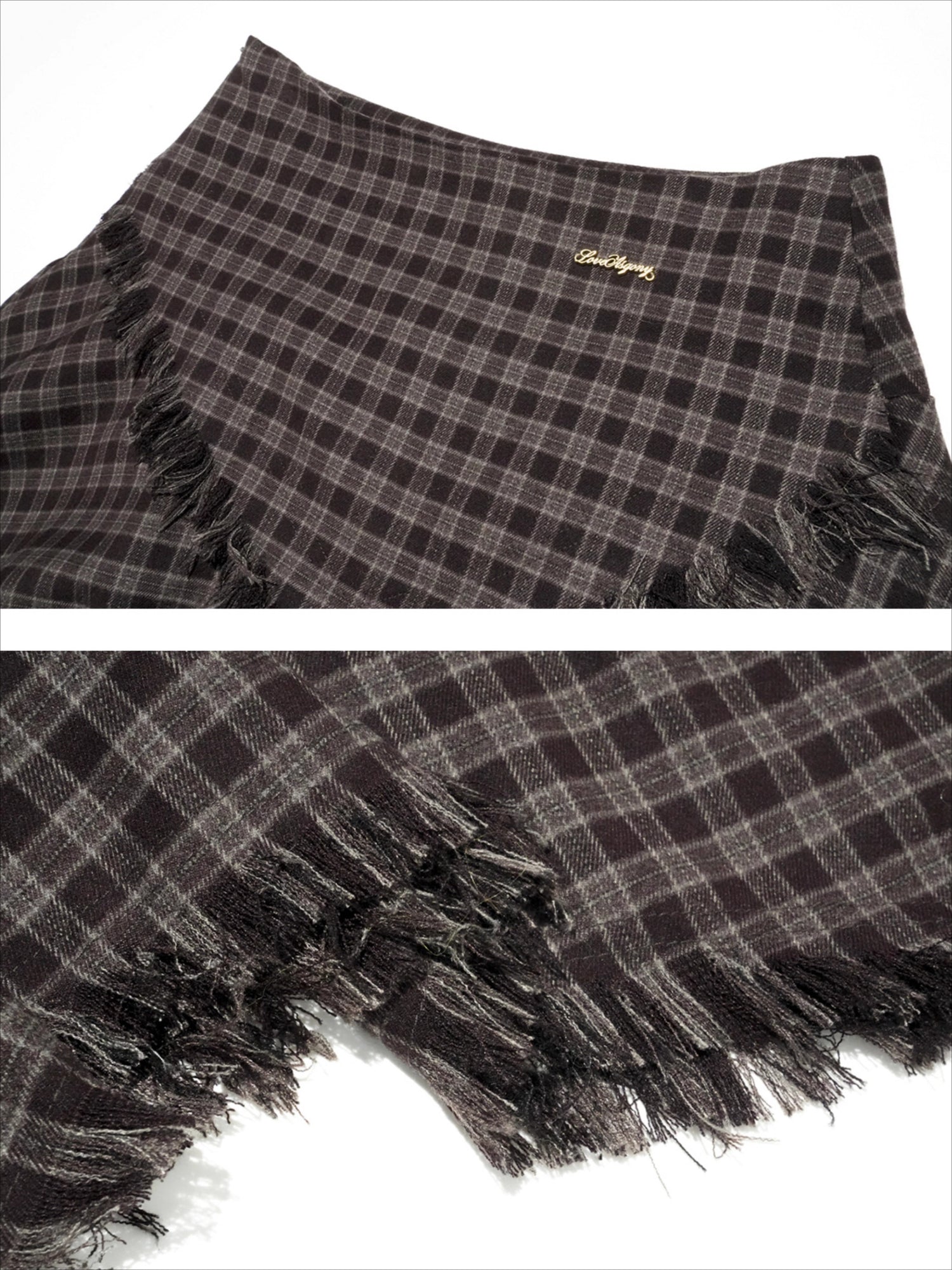 Frayed Hem Plaid Studded Belt Asymmetric A-Line Midi Skirt