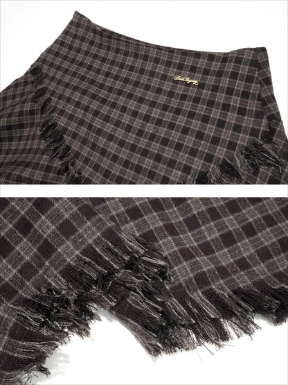 Frayed Hem Plaid Studded Belt Asymmetric A-Line Midi Skirt