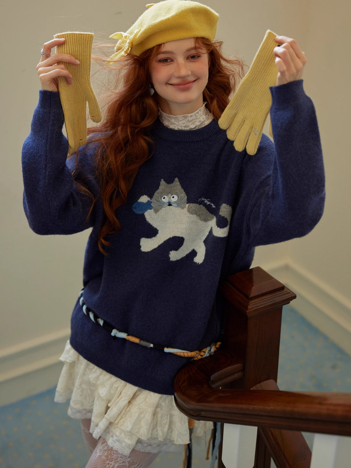 Cat Jacquard Embroidered Knit Sweater