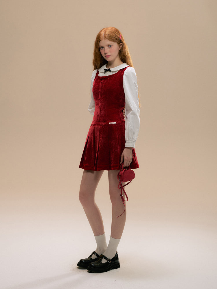 Vintage Red Velvet Pleated Dress