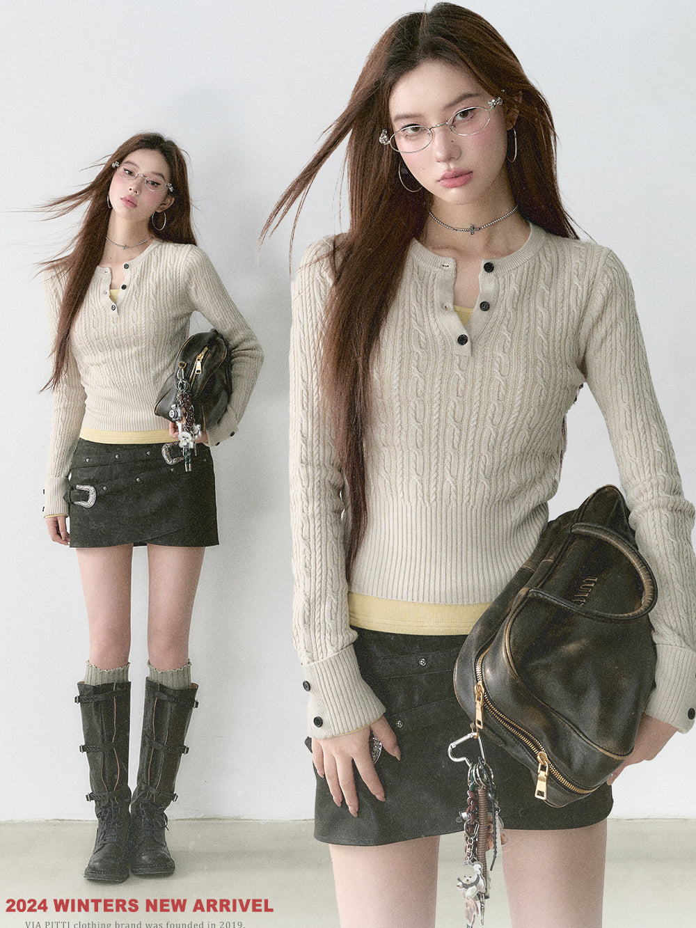 Cable Knit Wool Blend Crewneck Sweater