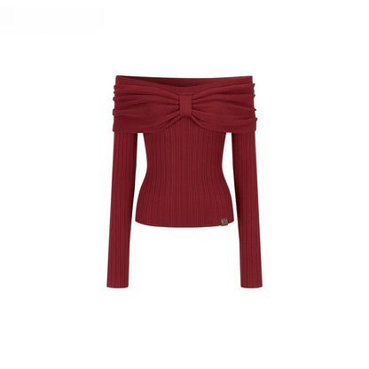 Off-Shoulder Bow Detail Knit Crewneck