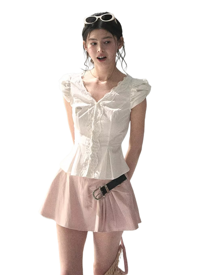 Lace Trim French V-Neck Blouse