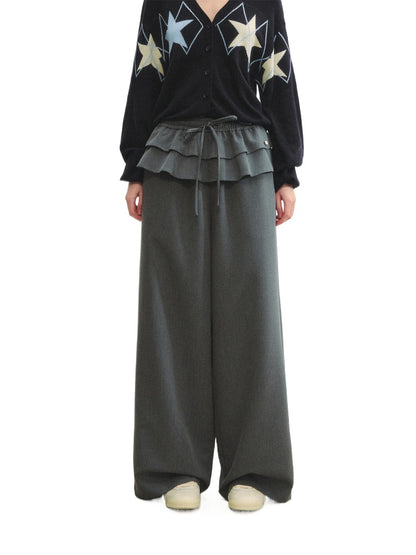 Two-piece Double-layer Ruffle Tie Straight Pants - CHINASQUAD