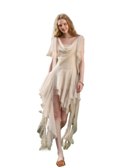 Ethereal Draped Chiffon Lace Asymmetric Dress