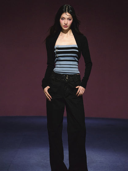 Striped Contrast Hand-Sewn Button Tube Top &amp; Shrug Set - CHINASQUAD