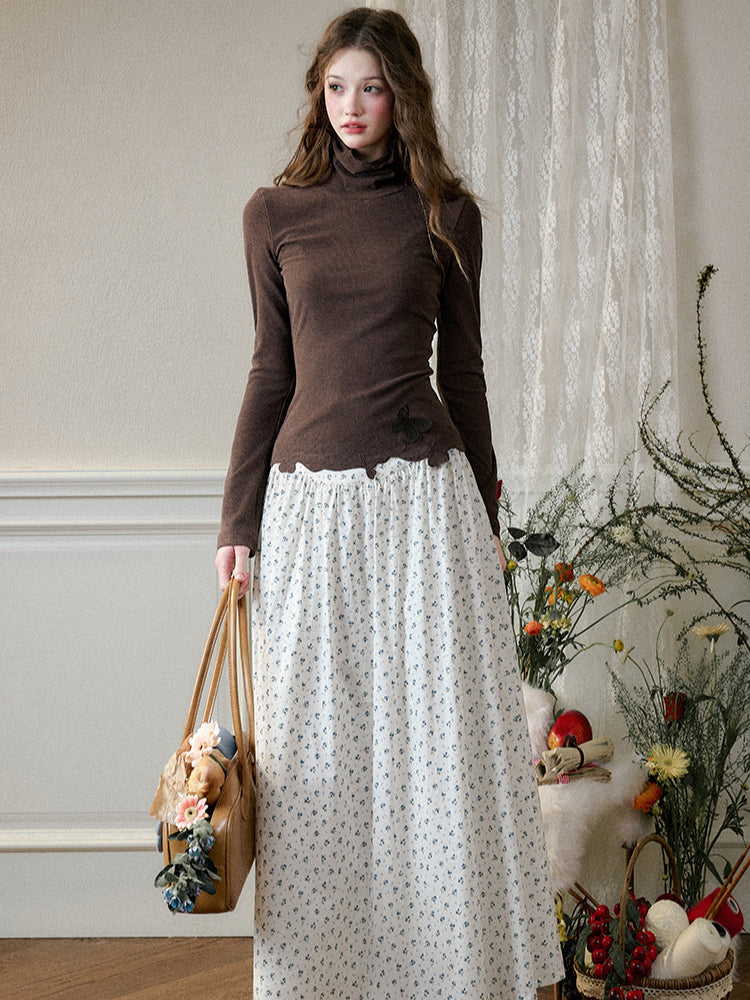 High-Waisted Slim Hand-Drawn Floral Skirt