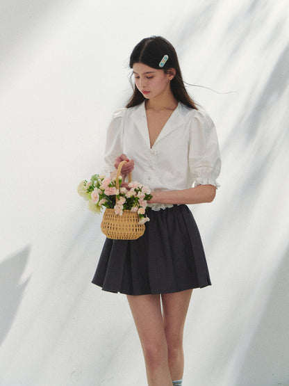 French-style V-neck Embroidered Shirt