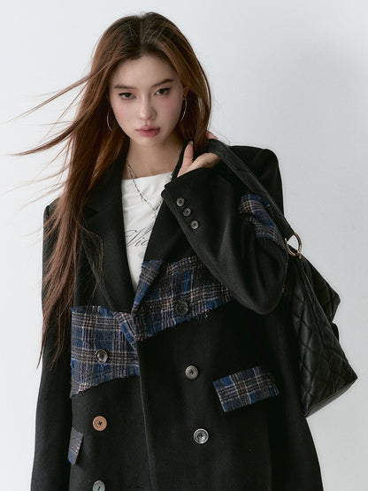 Wool Plaid Patchwork Mid-Length Coat