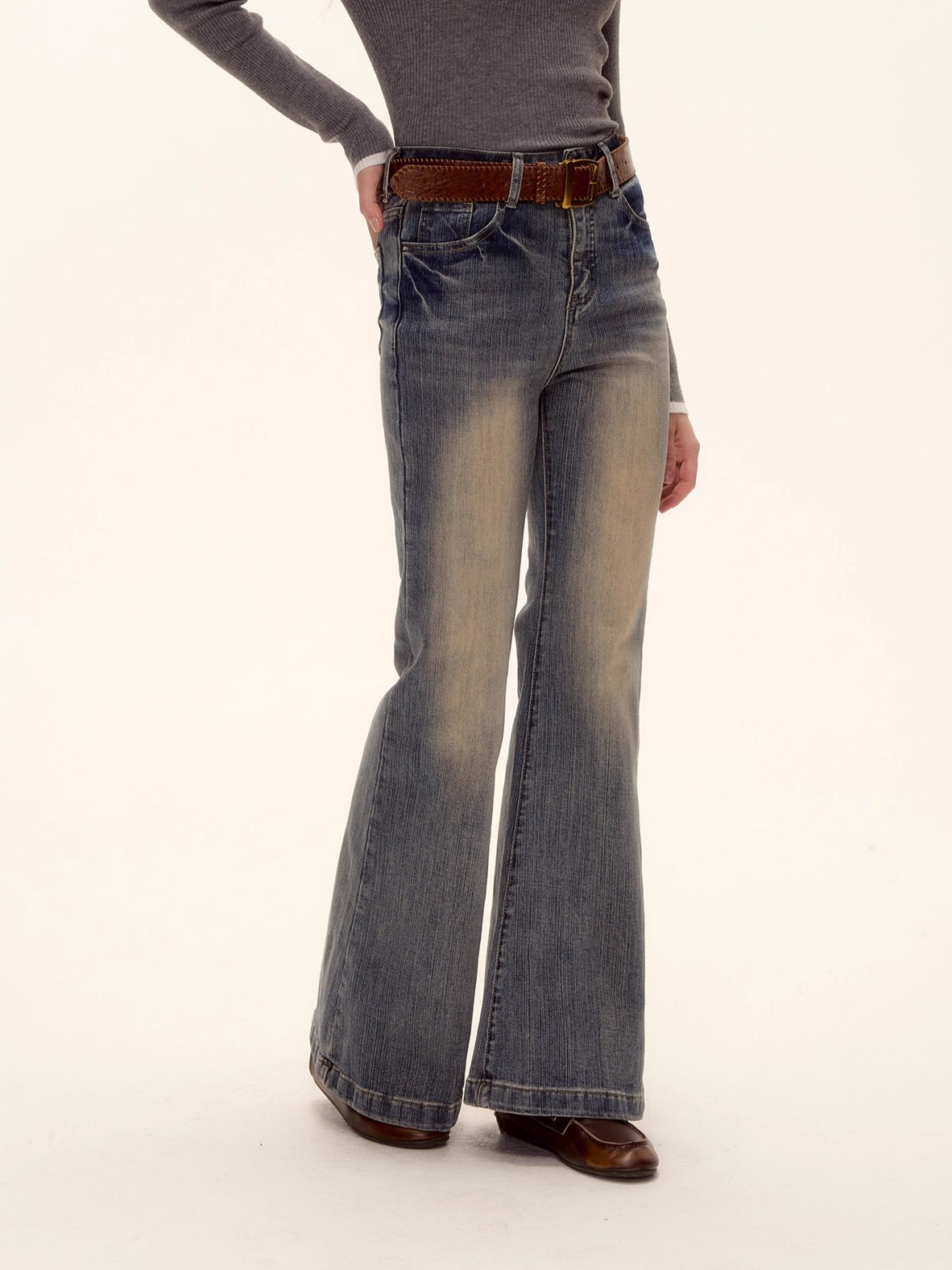 Textured Washed Flared Stretch Denim Pants